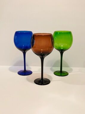 Vtg MCM Set of 3 Amethyst Emerald Green Cobalt Blue Crystal Wine Ballon Glasses